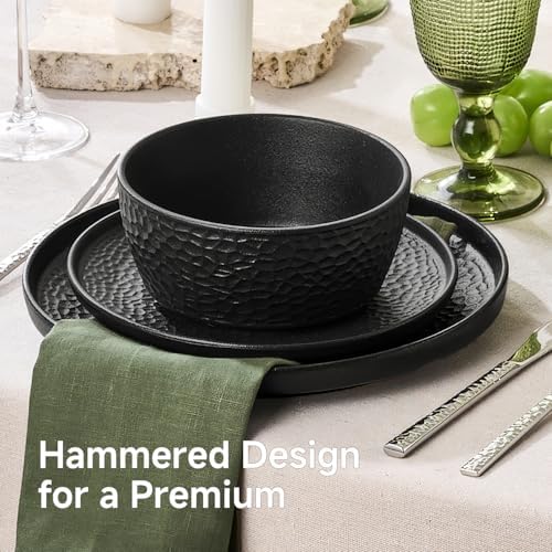 KINGSTONE 24-Piece Hammered Ceramic Dinnerware Sets, Matte Black - Image 3