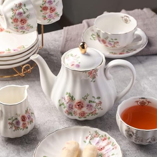 Sweejar Home Porcelain Tea Sets British Royal Series, 8 OZ Cups & Saucer Service for 6, with Teapot Sugar Bowl Cream Pitcher Teaspoons and Tea Strainer, Suitable for High Tea, Wedding, Party（Beige） - Image 5