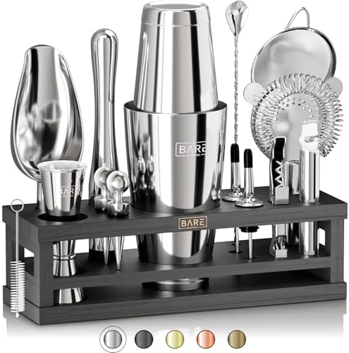 BARE BARREL® Mixology Bartender Kit Bar Set | 16-Piece Cocktail Shaker Set | Martini Barware Mixing Tools for Home Bartending | Incl. 35 Recipe Cards | Gift Set (28oz Boston Shaker, Silver/Black) by BareBarrel