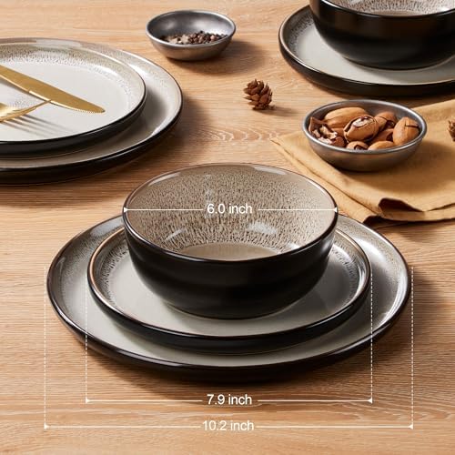 LIANYU Ceramic Dinnerware Set, 12 Piece Plates and Bowls for 4, Tidal Khaki - Image 2