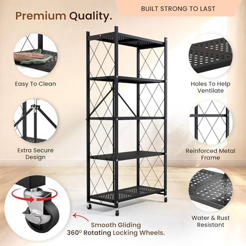Our Modern Space 5-Tier Foldable Storage Shelf with Wheels | Metal Rack Collapsible Shelving Display | Rolling Cart for Books Kitchen Storage Shelves | Pantry & Closet Organizer | Office Room Decor - Image 3