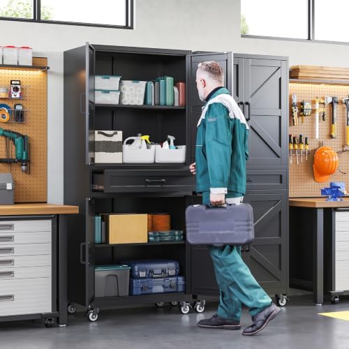 Letaya Metal Garage Storage Cabinet with Wheels,Kitchen Pantry with Drawer - Image 4