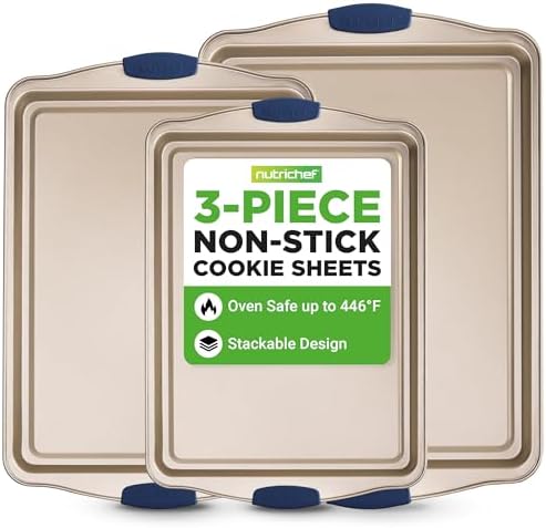 NutriChef 3‑Piece Non‑Toxic Cookie Sheets for Baking – Premium Carbon Steel Oven Tray Set with Blue Silicone Handles – Nonstick Baking Sheet Set for Cookies, Pastries & Oven‑Safe Cooking by NutriChef%E2%84%A2Kitchen