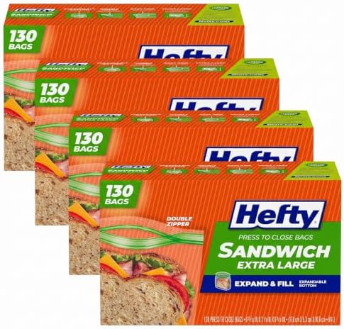 Hefty XL Press to Close Plastic Sandwich Expand and Fill Food Storage Bags, 130 Count (Pack of 4) by Hefty
