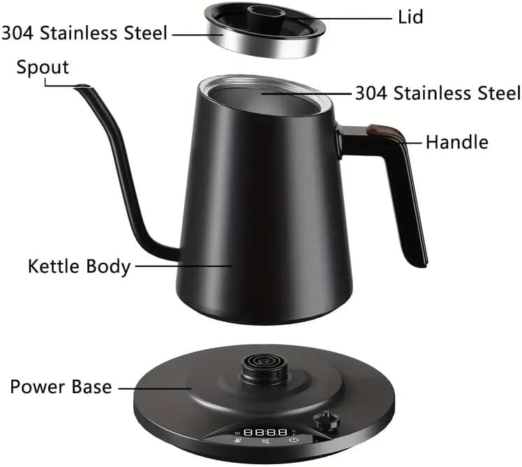 Gooseneck Electric Kettle with ±1℉ Temperature Control & Keep Warm for Pour Over Coffee & Tea, Rapid Boil, 304 Stainless Steel, Built-in Brew Timer, 1000W/ 0.9L - Image 4