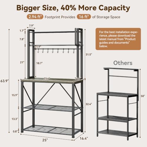 YASONIC Coffee Bar, Bakers Rack with Storage, 25.6 Inches Microwave Stand, 5 Tier Kitchen Shelves Appliance Storage, 12 S Hooks Large Coffee Station for Spices, Pots and Pans, Gray - Image 3