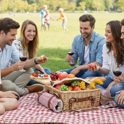 Multifunctional Wicker Picnic Basket Set for 2 with Blanket and Picnic Table, Insulated Picnic Set with Full Tablewares for Camping Outdoor Couples, Gingham - Image 2