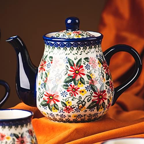 polish pottery style porcelain ceramic 10 piece Tea set,7.2oz tea cup and sauce set of 4,28.2oz teapot and wooden serving tray.（ Exotic Daisy） - Image 6
