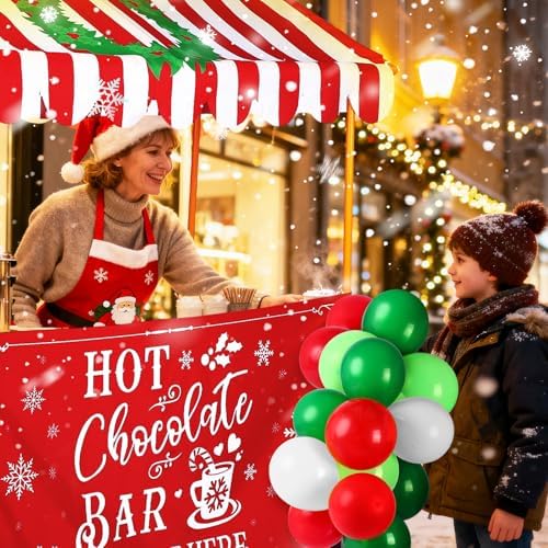 SmoothNovelty Christmas Hot Chocolate Bar Stand Decor Supplies Kit Warm up Here Hot Cocoa Coffee Shop Accessories Photo Booth Props Include Shelf, Banner, Roof, Balloons for Christmas Winter Party - Image 4