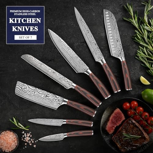 Sunnecko Kitchen Knife Set 7 Piece Chef Knife Set Professional High Carbon Stainless Steel, Sharp Kitchen Knives with Wooden Handle - Image 4