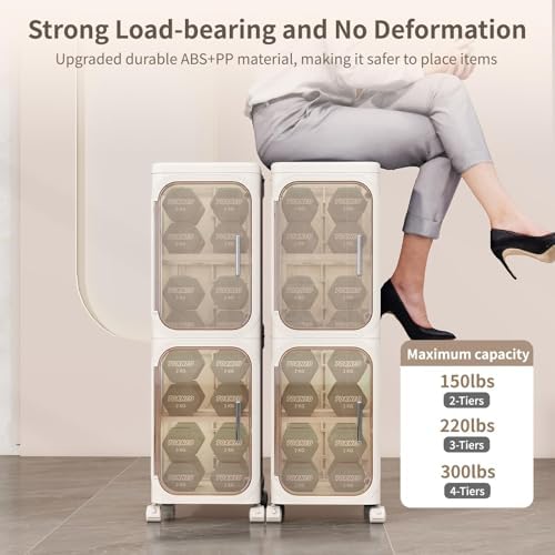 2 Tier Slim Bathroom Storage Cabinet, Foldable and Movable, Beige - Image 6