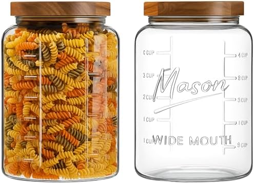 1 Gallon Glass Mason Jar with Airtight Wooden Lid, Wide Mouth Large Food Storage Container with Measurement Markings For Kitchen Pantry, Pickling, Cookies, Flour & Sugar - 2 Pack by KITCHENTOOLZ