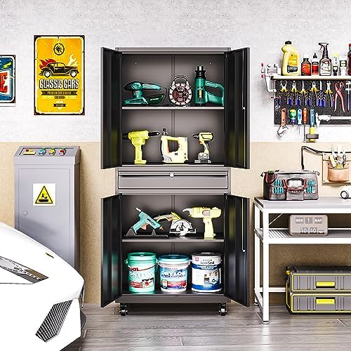 Metal Garage Storage Cabinet with Wheels,Lockable Storage Cabinet with Adjustable Shelves and 1 Drawer,Rolling Tool Cabinet for Workshop Garage and School(Black) - Image 6