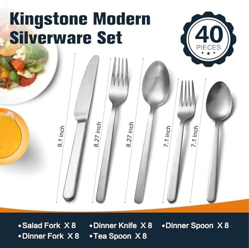 Matte Silver 40-Piece Forged Flatware Set for 8, 18/10 Stainless Steel - Image 2