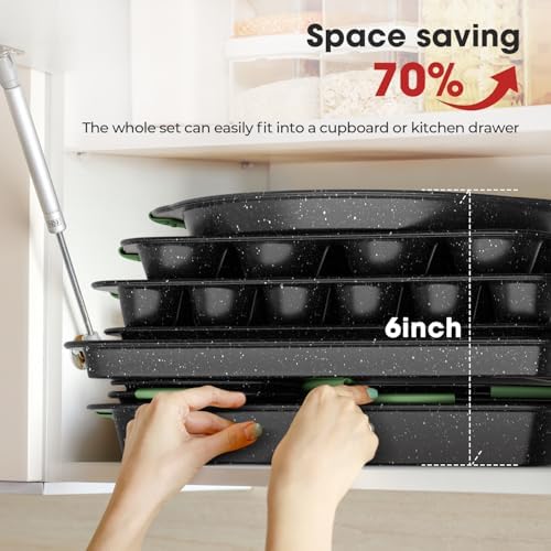 11-Piece Nonstick Bakeware Set, Stackable Baking Pans, Dark Green&Black - Image 4