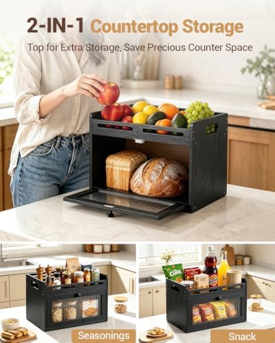 Bread Box for Kitchen Countertop, Bamboo Storage with Top Shelf, Black - Image 2