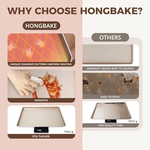 HONGBAKE 22-Piece Baking Pans Set Nonstick, Stackable Non Toxic Bakeware Sets with Diamond Texture, Oven Pan Set for Cooking, Includes Cookie Sheet with Rack, Cake Pan, Roasting Pan, Muffin Tin, Gold - Image 5