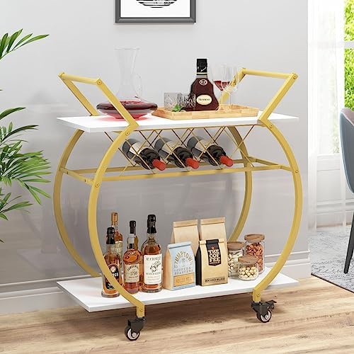 LVB Modern Bar Cart, Industrial Rolling Serving Wine Cart, White and Gold - Image 2
