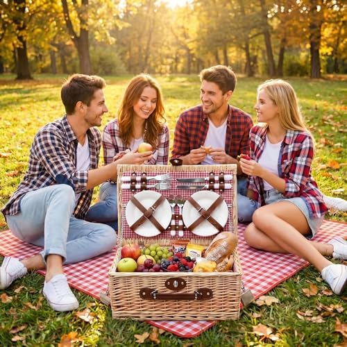 Multifunctional Wicker Picnic Basket Set for 4 Adults with Pink Blankets - Image 4