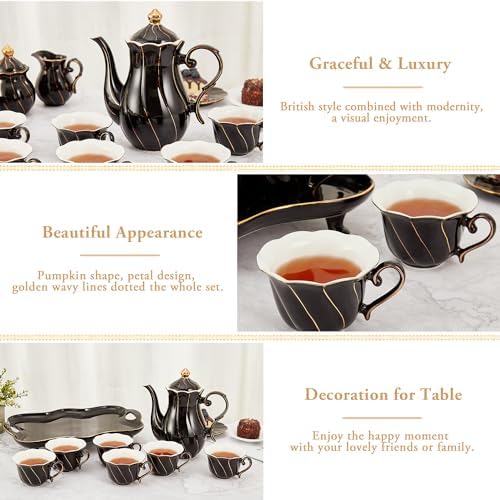 DUJUST 14 pcs Tea Set of 6 with Tea Tray & Spoons, Modern Diamond Design Tea/Coffee Cup Set with Golden Trim, Chic Porcelain Living Room Decor, Fine-china Teapot/Tea Party Set, Gift Package - Black - Image 3