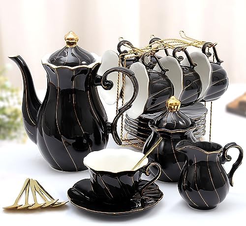 DUJUST 22 pcs Porcelain Tea Set for 6, Luxury British Style Tea/Coffee Cup Set with Golden Trim, Beautiful Tea Set for Women, Tea Party Set, Gift Package (Including a Stand) - Black by DUJUST