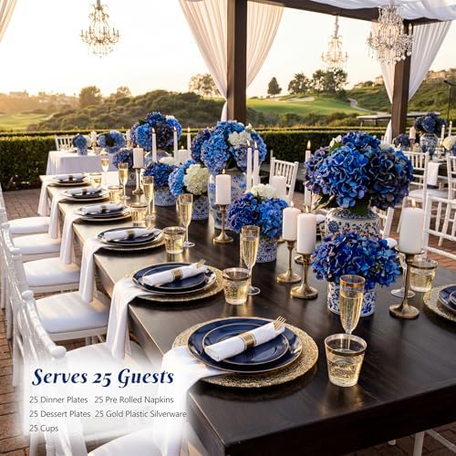 KIRE 175Pcs Blue Plastic Plates - Navy Blue Plates Disposable - 25 for Dinner 25 for Dessert 25 Pre Rolled Napkins with Gold Plastic Silverware and 25 Cups for Wedding/Party/Hanukkah/Christmas - Image 2