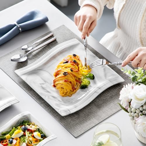MALACASA Plates and Bowls Set, 12-Piece Modern Porcelain Dinnerware for 4, Marble Square Ceramic Dish Set, Microwave and Dishwasher Safe, Flora Series - Image 6