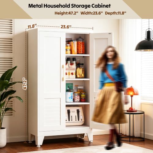 47.2" H Tall Storage Cabinet, Kitchen Pantry Cabinet with Doors, White Freestanding Kitchen Cabinet for Kitchen, Dining Room & Pantry Organization, Adjustable Shelves, 47.2" Hx23.6 Wx11.8 D - Image 2