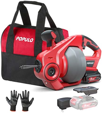 POPULO 20V Cordless Electric Drain Auger-Efficient 25Ft Auto-Feed Drain Snake with Replaceable Cable,2.0Ah Battery,Charger,Storage Bag & Gloves for Kitchen,Bathroom,Shower Pipes (3/4"-2")" by populo