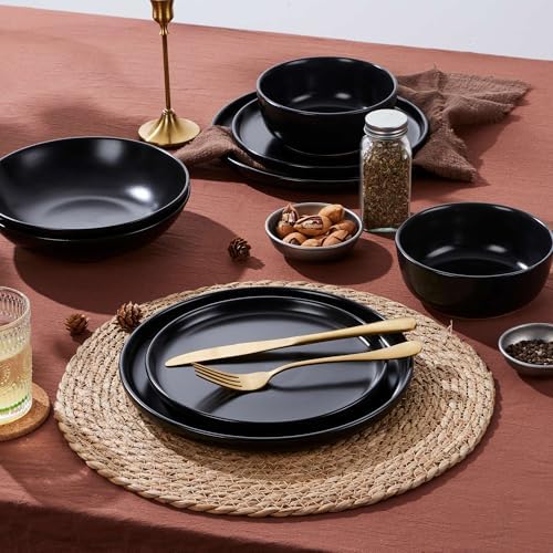 LIANYU 16 Piece Dinnerware Sets with Double Bowls for 4, Black Onyx - Image 4