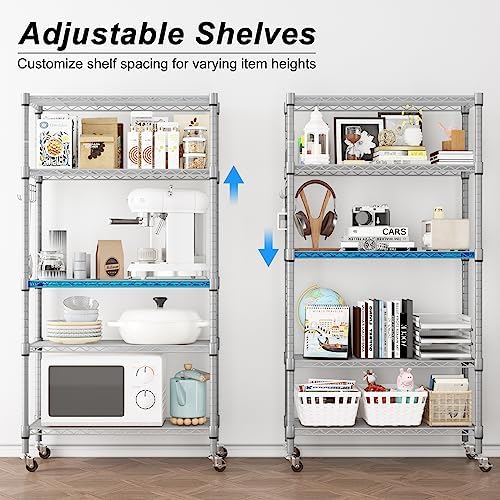 Homdox 5 Tier Adjustable Rolling Storage Shelves, Heavy Duty Wire Racks and Shelving, Metal Shelves for with Side Hooks Pantry Closet Kitchen Garage Organization, Silver Gray - Image 4