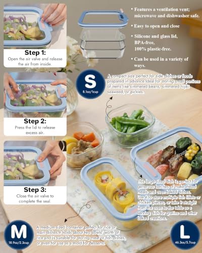 4-Pack Glass Food Storage Containers with Tempered Lids – Borosilicate, Airtight, Oven-Safe (-4°F~950°F), BPA-Free, 1Cup*2 & 2.3Cup*1 & 5.7Cup*1(Light blue) - Image 3