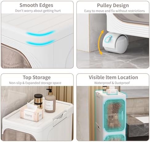 5 Tier Slim Bathroom Storage Cabinet, Foldable and Movable, White - Image 5