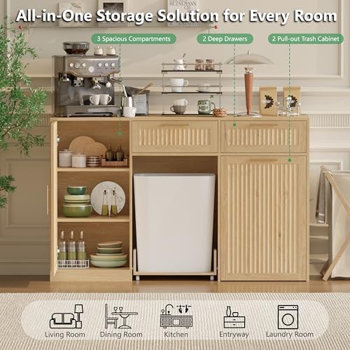Double 13 Gallon Pull Out Trash Can Cabinet with Storage Cabinet,Natural - Image 3
