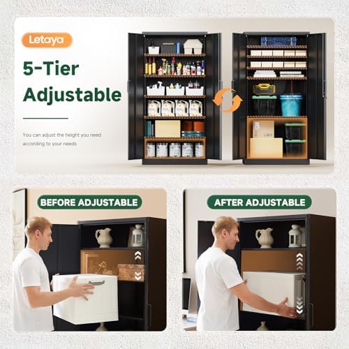 Letaya Metal Storage Cabinets with Lock Doors,Tall Locker Organizer Steel Garage Cabinets, 5 Adjustable Layers Shelves for Home, Office, Warehouse,Tool,Industrial(Black) - Image 6