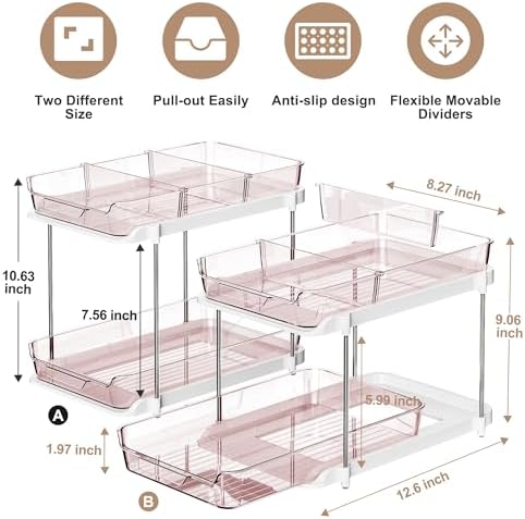 Delamu 2-Tier Multi-Purpose Bathroom Under Sink Organizers and Storage, Stackable Kitchen Pantry Organization, Pull Out Medicine Cabinet Organizer with Movable Dividers, Light Pink, 2 Pack - Image 2