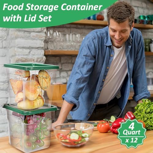 Yungyan 12 Pcs 4 Qt Commercial Food Storage Containers with Lids Restaurant Square Airtight Food Storage Containers Clear Cereal Containers for Kitchen Freezer Dishwasher Pantry(Green Lid) - Image 5