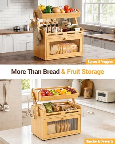 Bread Box for Kitchen Countertop, Bamboo Bread Storage with Fruit Basket - Image 6
