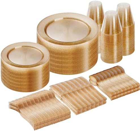 Goodluck 300 Piece Gold Glitter Disposable Plates for 50 Guests by GoodLuck