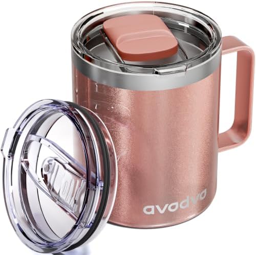 12oz Insulated Coffee Mug with 2 Lids & Handle, Stainless Steel Cup by avodvo
