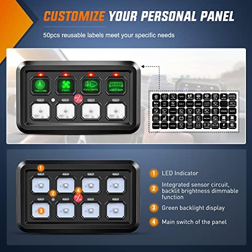 Nilight 8 Gang Switch Panel System Circuit Control Relay System Fuse Wiring Harness Automatic Dimmable ON Off LED Switch Pod for 12V Cars Trucks Campers SUV, 2 Years Warranty - Image 5