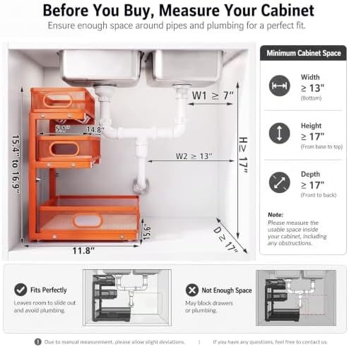 Under Sink Organizer, 3-Tier Metal Sliding Drawers, 2-Pack Orange - Image 4