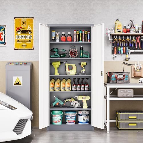 Metal Cabinet,Locking Storage Cabinet with 2 Doors and 5 Adjustbale Shelves,72" Tall Tool Steel Cabinets for Garage,Home Office,School,Gym(Grey & White) - Image 2
