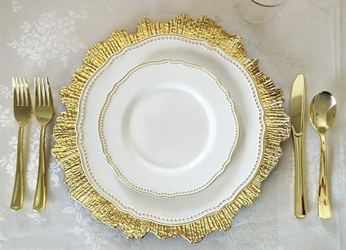 " OCCASIONS " 200pcs set (25 Guest)-Wedding Disposable Plastic Plates & cutlery - 10.25'', 7.5'' +paper napkins, Gold rim cups & Silverware (Rochelle White and Gold) - Image 6
