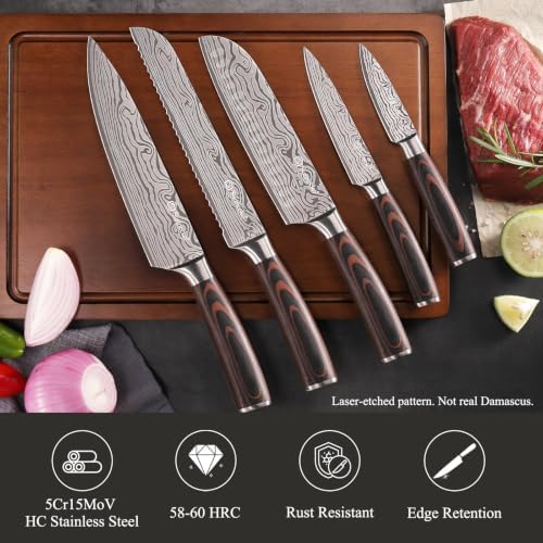 Sunnecko Kitchen Knife Set 5 Piece Chef Knife Set Professional High Carbon Stainless Steel, Sharp Kitchen Knives with Wooden Handle - Image 3