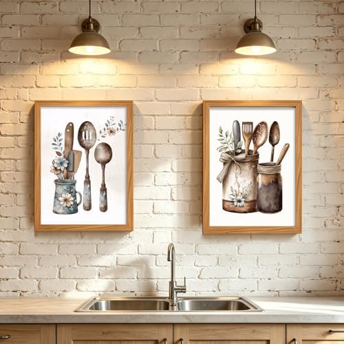 Doqueodas 2Pcs Vintage Country Kitchen Canvas Wall Art Wood Frame 16x24 in - Image 3