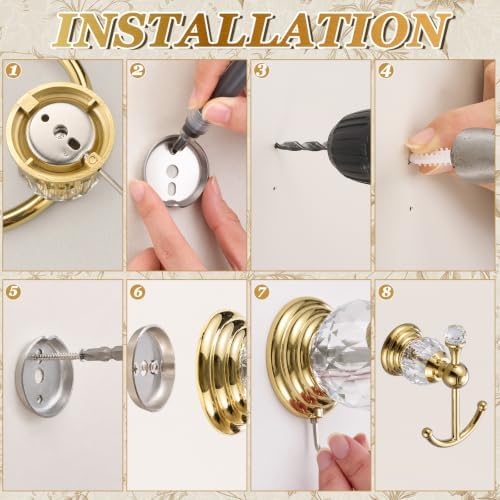 4 Pcs Polished Gold Crystal Bathroom Accessories Set with Adjustable Towel Bar & Semicircular Towel Ring & Toilet Paper Holder & Robe Hook, Luxury Vintage Bath Hardware Fixture Set (style 9) - Image 6