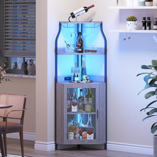 Garvee Corner Wine Bar Cabinet,5-Tier Farmhouse Corner Liquor Storage Cabinet with Barn Door,Glass Rack,Adjustable Shelves,Home Bar Storage for Dining Room,Kitchen,Living Room Grey by Garvee