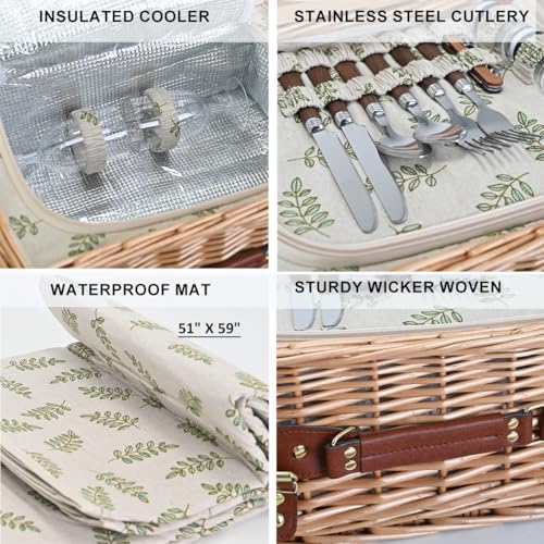 Multifunctional Wicker Picnic Basket Set for 2 with Blanket and Picnic Table, Insulated Picnic Set with Full Tablewares for Camping Outdoor Couples,Leaf - Image 4
