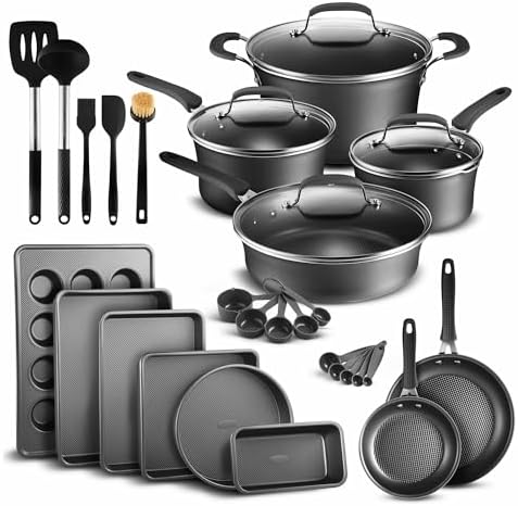 Pots and Pans Set, 23-Piece Non Stick Cookware & Bakeware Sets with Plaid Pattern, Stackable Design, Dishwasher Safe, Stain-resistant, Oven & All-Stove Safe, Tempered Glass Lid, Black by BAKK%C3%8BNMASTER